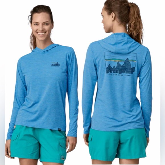 Patagonia Tops - Patagonia Blue Capilene Cool Daily Skyline Graphic Hoodie Outdoor Women’s SZ Med